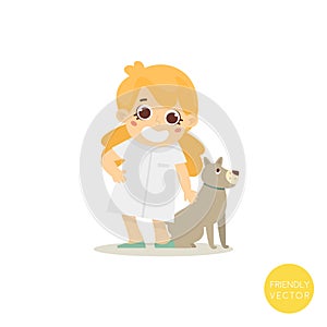 Happy veterinar woman with dog isolated on white.Veterinar character. Pets clinic.Vector Illustration.