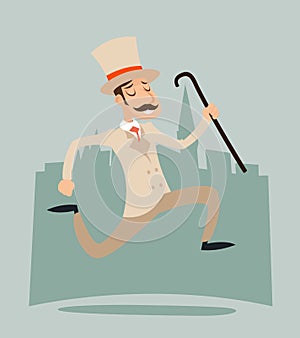 Happy Victorian Running Gentleman Hurry Wealthy Cartoon Businessman Character Icon on Stylish English City Background