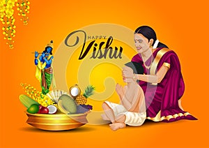 Happy Vishu greetings. April 14 Kerala festival with Vishu Kani, vishu flower Fruits and vegetables in a bronze vessel. vector