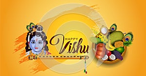 Happy Vishu greetings. April 14 Kerala festival with Vishu Kani, vishu flower Fruits and vegetables in a bronze vessel. vector