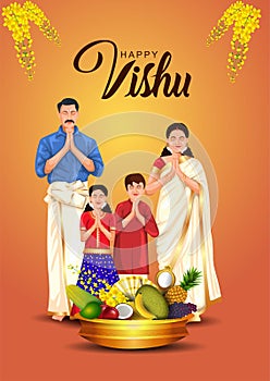 Happy Vishu greetings. April 14 Kerala festival with family Vishu Kani, vishu flower Fruits and vegetables in a bronze vessel. photo