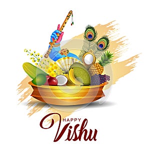 Happy Vishu greetings. April 14 Kerala festival with Vishu Kani, vishu flower Fruits and vegetables in a bronze vessel. vector photo