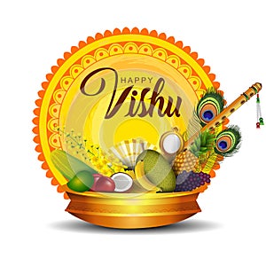 Happy Vishu greetings. April 14 Kerala festival with Vishu Kani, vishu flower Fruits and vegetables in a bronze vessel. vector photo
