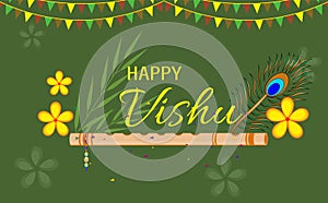 Happy Vishu. Kerala festival with Vishu Kani,vishu flower Fruits and vegetables, Cassia flower. worship of krishna