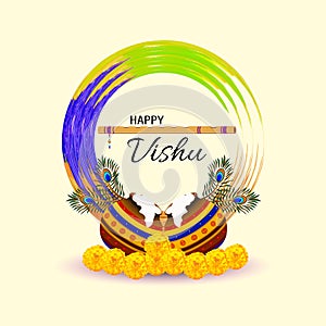 Happy Vishu. Kerala festival with Vishu Kani,vishu flower Fruits and vegetables, Cassia flower. worship of krishna