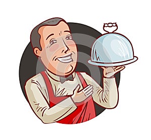 Happy waiter with tray in hand. Restaurant, eatery, food concept. Cartoon vector illustration