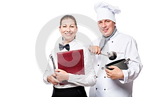 happy waitress and chef with cooking utensils on a white background