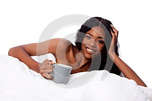 Happy waking up with coffee in bed