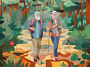 happy walking active hiking elderly trekking old couple senior grandfather. Generative AI.