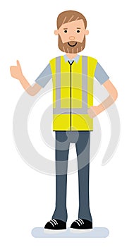 Happy warehouseman shows the thumb. The warehouse Manager working Cartoon character person in working situations. photo