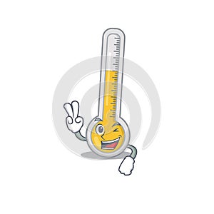 Happy warm thermometer cartoon design concept with two fingers