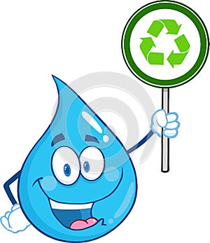 Happy Water Drop Character Holding A Recycle Sign