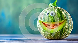 Happy Watermelon Character with Googly Eyes on Blue Table