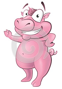 Happy Waving Pig Character.