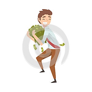 Happy Wealthy Businessman with Lot of Money, Lucky Successful Rich Person Vector Illustration