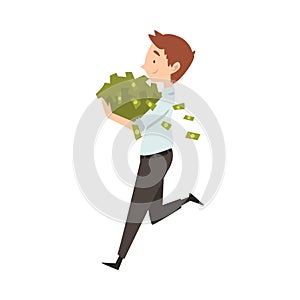 Happy Wealthy Businessman Running with Lot of Money, Lucky Successful Rich Person Vector Illustration