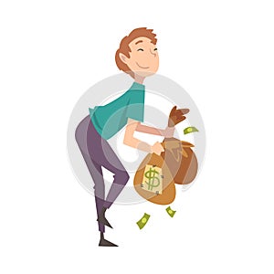 Happy Wealthy Guy with Bags Full of Money, Lucky Successful Rich Person Millionaire Vector Illustration