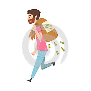 Happy Wealthy Guy Carrying Sack Full of Money, Lucky Successful Rich Person Millionaire Vector Illustration