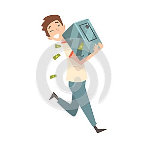 Happy Wealthy Guy Carrying Safe Full of Money, Lucky Successful Rich Person Vector Illustration