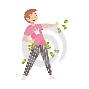 Happy Wealthy Man Throwing Money, Lucky Successful Rich Person Vector Illustration