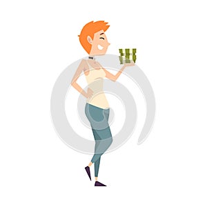 Happy Wealthy Young Woman with Money Stacks, Lucky Successful Rich Girl Vector Illustration