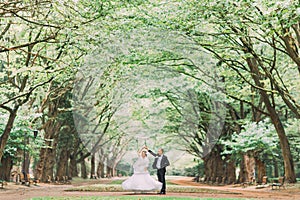 Happy wedding couple charming groom and blonde bride dancing in park at sunny day