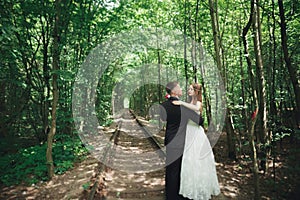 Happy wedding couple charming groom and perfect bride posing in park