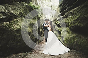 Happy wedding couple kissing and hugging near a high cliff