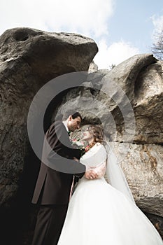 Happy wedding couple kissing and hugging near a high cliff