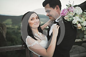 Happy wedding couple kissing and hugging near a high cliff