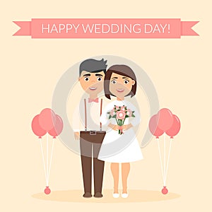 Happy wedding day. Greeting card for newlyweds. Festive vector illustration. Cute beautiful couple. Boyfriend and