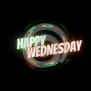 Happy Wednesday Greetings Text Post Design. Colorful Neon Rings & Black Background. Colorful Weekdays Design for Social Media.