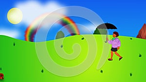 Happy weird dressed Guy walking in nature landscape with rainbow and changing weather