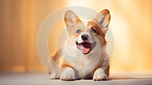 Happy Welsh Corgi puppy runs through the autumn grass and foliage in the park at sunset