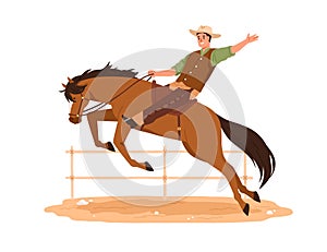 Happy Western American cowboy in hat riding horse. Texas man on horseback. Wild West rider of bronco. Smiling joyful