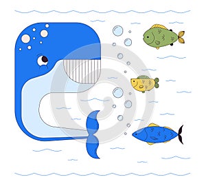 Happy whale with fishes underwater 2D linear cartoon characters
