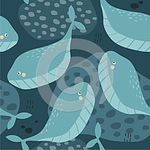 Colorful seamless pattern with happy whales. Decorative cute background, funny animals