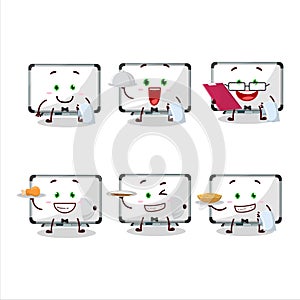 happy white board waiter cartoon character holding a plate