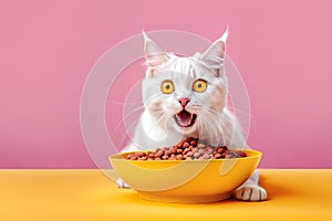 Happy white cat amazed by his excellent bowl of kibble on a pink and yellow pastel background. Banner