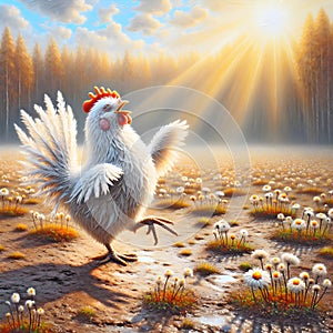 Happy White Chicken Dancing In Morning Sunshine