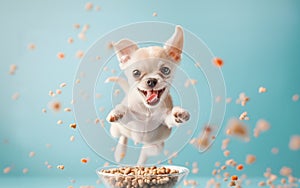 Happy white chihuahua puppy jumping on a bowl full of flying kibbles