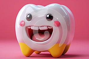 Happy white healthy tooth, cartoon character on a pink background, toothache concept, AI Generated