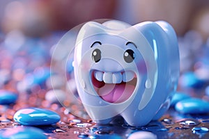 Happy white healthy tooth, cartoon character, toothache concept, AI Generated