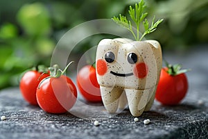 Happy white healthy tooth and fresh vegetables, cartoon character, toothache concept, AI Generated