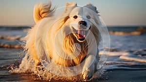 A happy white Labrador Retriever is playing in the water at the beach