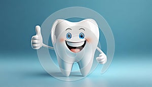 Happy white tooth. Cartoon tooth character with thumbs up