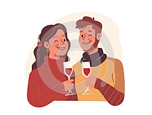 Happy winking couple drinking red wine on Valentine day. Also good for weddings. Simple flat web graphic illustration