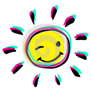 Happy winking hand drawn colorful sun vector illustration.