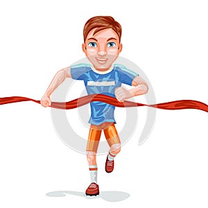 Happy winner athlete runner crosses marathon finish red line achievement sprint running isolated cartoon design vector