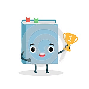 Happy winner book emoji character with cup. Flat vector illustration for web and graphic design